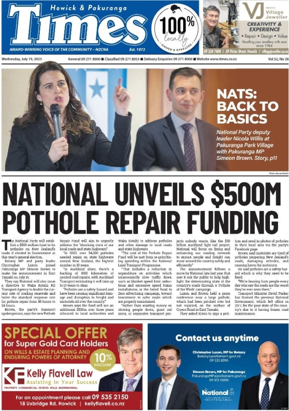 One of several recent editions of the weekly Howick & Pakuranga Times featuring the area's two national MPs.