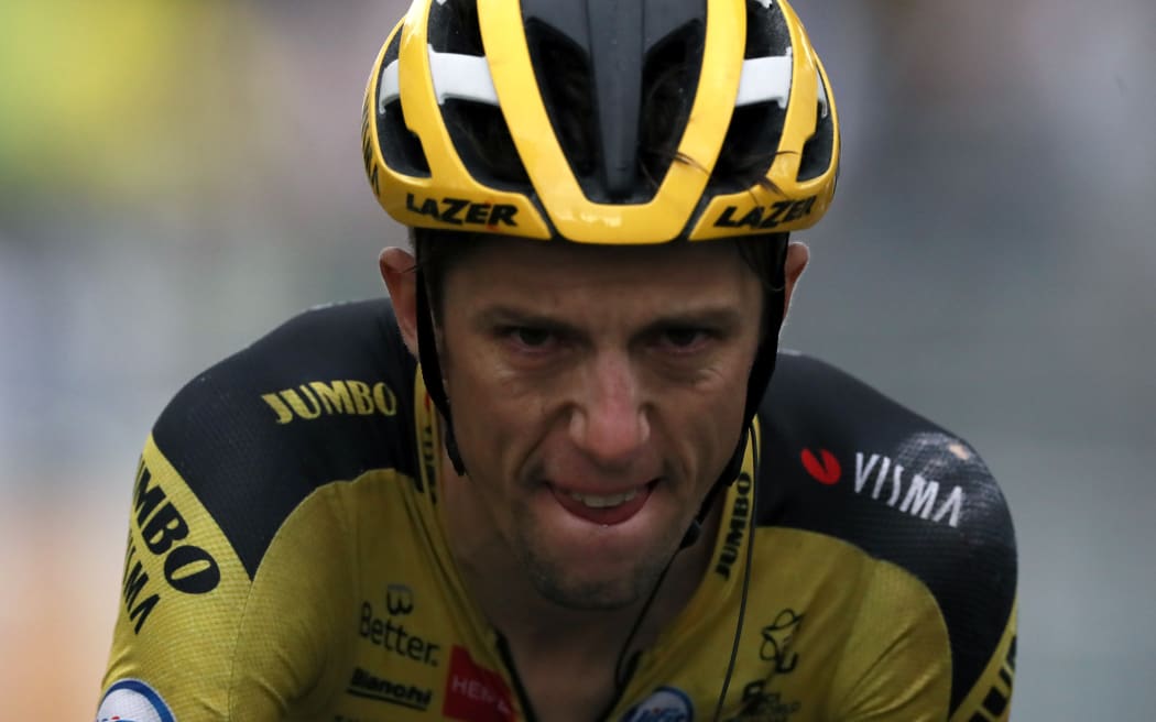 Team Jumbo rider New Zealand's George Bennett crosses the finish line after falling during the 1st stage of the 107th edition of the Tour de France cycling race, 156 km between Nice and Nice, on August 29, 2020.