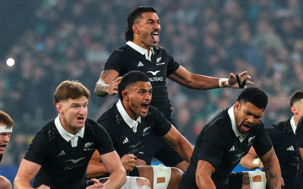 New Zealand’s Rieko Ioane leads the haka. Dublin 2024.