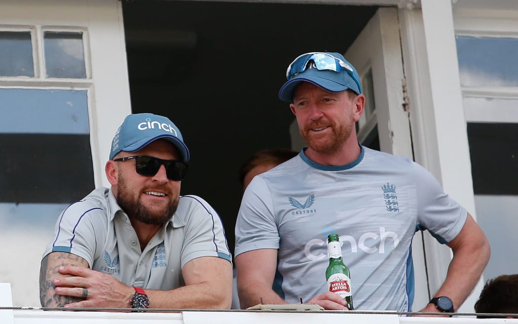 Brendon McCullum the England head coach (left) with Paul Collingwood watching.