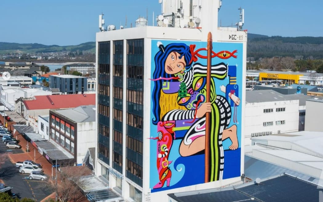 As part of Rotorua's indigenous Arts Festival, the Dreamgirls Arts Collective spent nine days hanging off the side of the building in order to pay tribute to Mākereti Papakura.