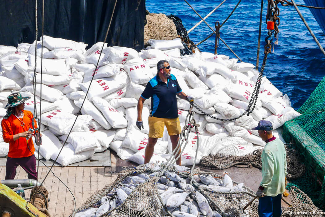 Offshore Fisheries Advisor Francisco Blaha (right) on board a purse seiner in Majuro