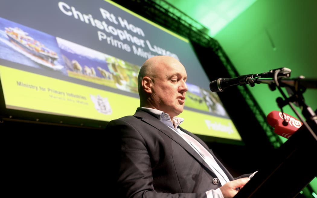 Christoper Luxon makes a speech to MPI leaders at Fieldays 2024.