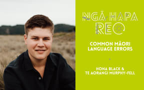A composite image showing Te Aorangi Murphy-Fell on the left, and the cover of his book 'NGĀ HAPA REO - COMMON MĀORI LANGUAGE ERRORS' on the right. On the left, Te Aorangi smiles at the camera, sitting on a beach surrounded by tussock. On the right, the book cover is bright green, with the title font inlaid with patterns and symbols.