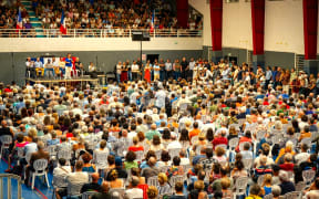Pro-France parties leaders speaking on 19 February 2025 in Nouméa’s Anse Vata multi-purpose hall.