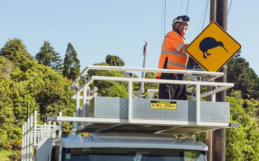 A sign is erected on Mākara Road after 11 kiwi are released into the hills of Wellington.