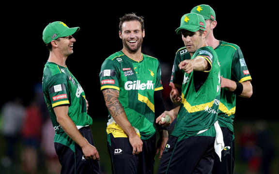 Central Stags Doug Bracewell (c) celebrates with his team mates. Dream 11 Super Smash T20 Cricket, Canterbury Kings v Central Stags, Hagley Oval, Christchurch, New Zealand. Sunday 10 January 2021.