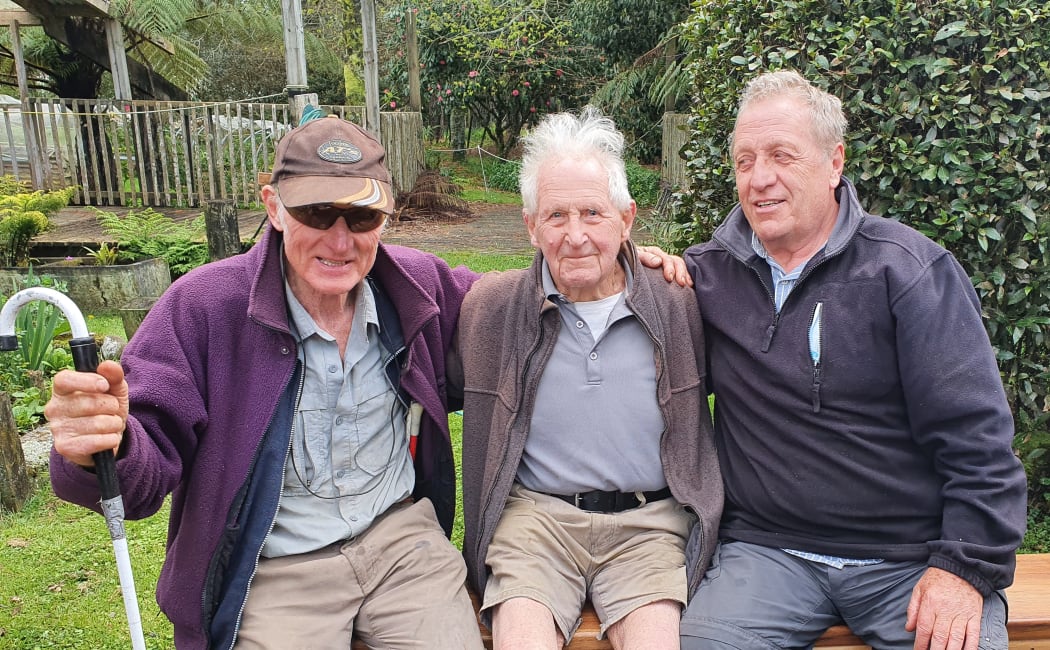 Taranaki pioneering environmentalists Graham Mosen, Brian Lonsdale and Ray Hope in Graham's Inglewood garden