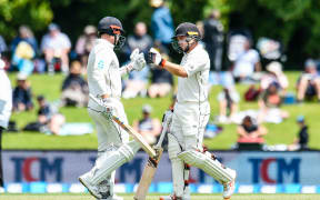 Henry Nicholls and Tom Latham of the Black Caps during day three of the second Test between the Black Caps and Sri Lanka in Christchurch.