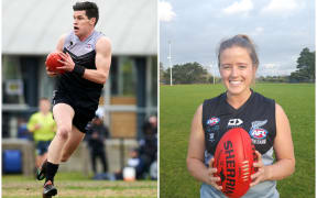 AFL NZ Falcons captain Andy Howison and NZ Kahu captain Liv Waldron.