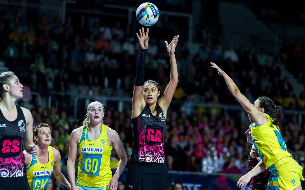 Maria Tutaia shoots during the Fast5 Netball world series match between New Zealand Silver Ferns and Australia at Hisense Arena Melbourne Australia.