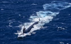 View of a US nuclear submarine during military exercises 70 nautical miles (130 kilometers) off Cartagena, Colombia, on February 28, 2022.