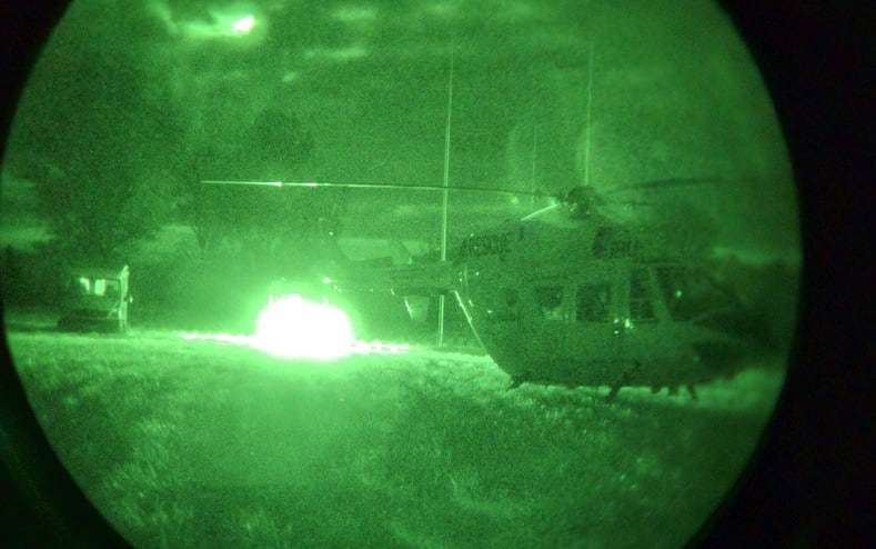 A rescue helicopter at the scene of the assault in Piopio