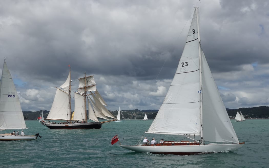 The kauri-built Arch Logan-designed Aramoana from 1938 streaks ahead of the schooner R Tucker Thompson.