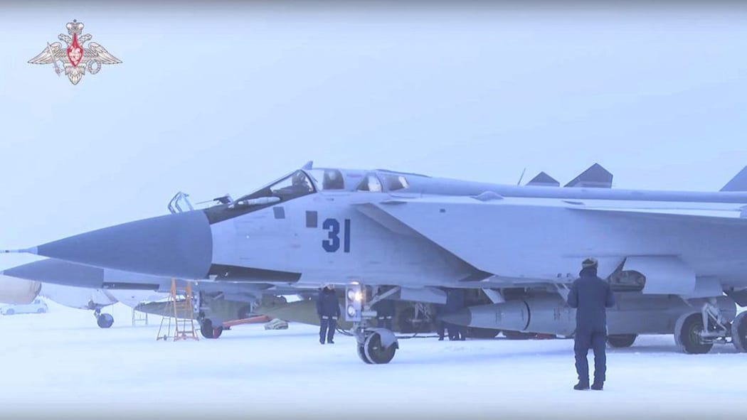 Kinzhal missiles have been fitted to Russian MiG-31K fighter jets, as shown in this defence ministry handout.