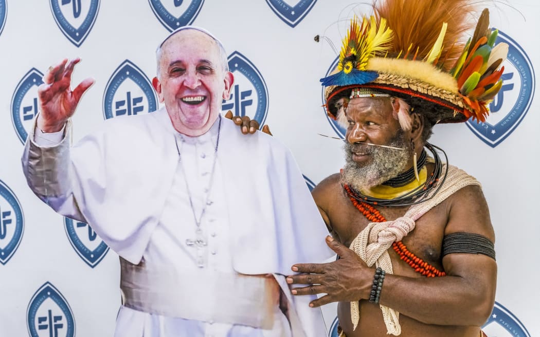 Papua New Guinea, Gulf of Papua Region, National Capital District, Port Moresby City, Visit of Pope Francis to Papua New Guinea between 6 and 9 July 2024, chief Mundiya Kepanga posing with a printing of the Pope (Photo by DOZIER Marc / hemis.fr / hemis.fr / Hemis via AFP)