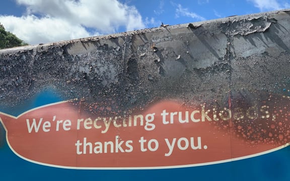 An Auckland Council rubbish truck that caught fire. The council said there were at least two fires a week at the region's recycling centre, with the cause most often being battery-powered devices and batteries being disposed of incorrectly.