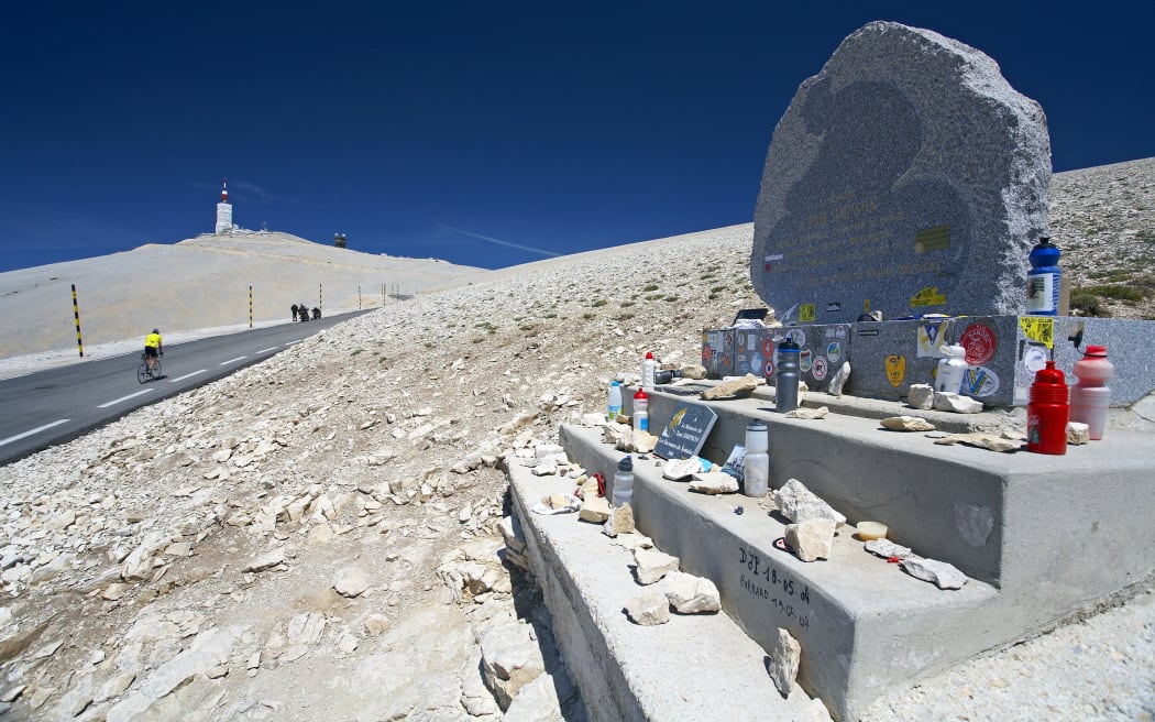 France, Vaucluse, Provence, cycling on the Mont Ventoux, arrival at the top, monument in memory of Tom Simpson (Photo by RENAULT Philippe / hemis.fr / Hemis via AFP)