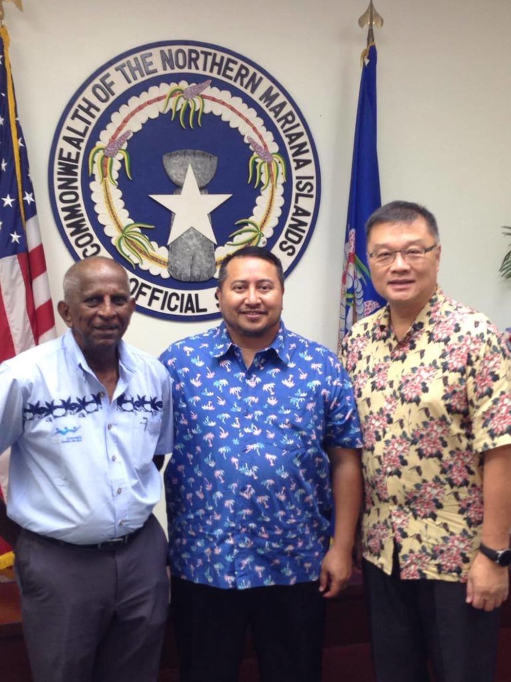 Pacific Games Council President Vidhya Lakhan, CNMI Governor Ralph Torres and Northern Marianas Sports Association President Jerry Tan in February.