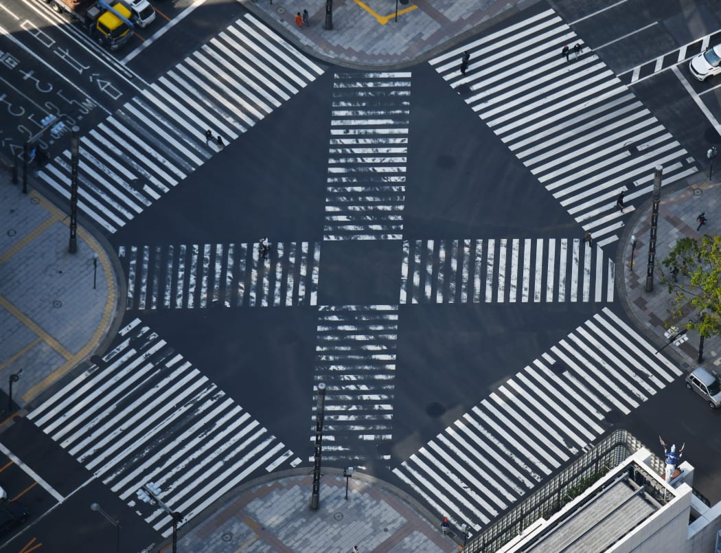 An aerial photo quiet Ginza District in Chuo Ward, Tokyo on April 11, 2020, amid an outbreak of the new coronavirus COVID-19.