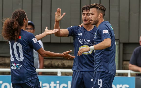 Auckland City's Logan Rogerson celebrates his goal. 2021.