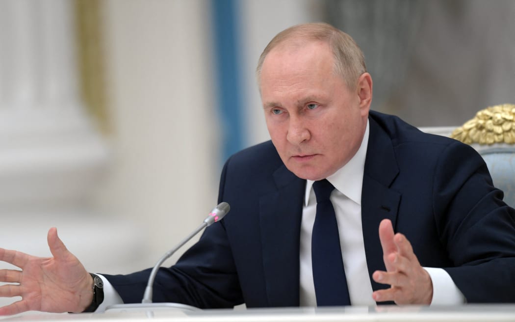 Russian President Vladimir Putin makes a belligerent speech challenging the West to try to defeat his country on the battlefield in Ukraine, during a meeting with leaders of the State Duma.
