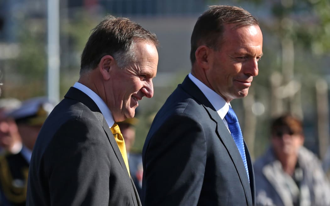 Prime Minister John Key (left) and Australian Prime Minister Tony Abbott at the  Australian Memorial at Pukeahu National War Memorial.