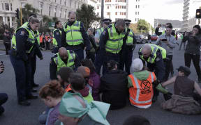 Protesters are moved on by police in Wellington.