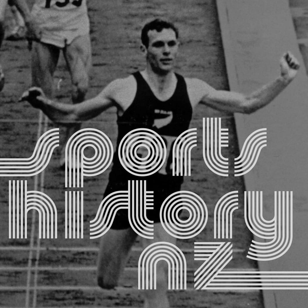 An image of Peter Snell, arms raised crossing the finish line at the Olympic Games. The words 'Sports History NZ' are superimposed in a striped font.