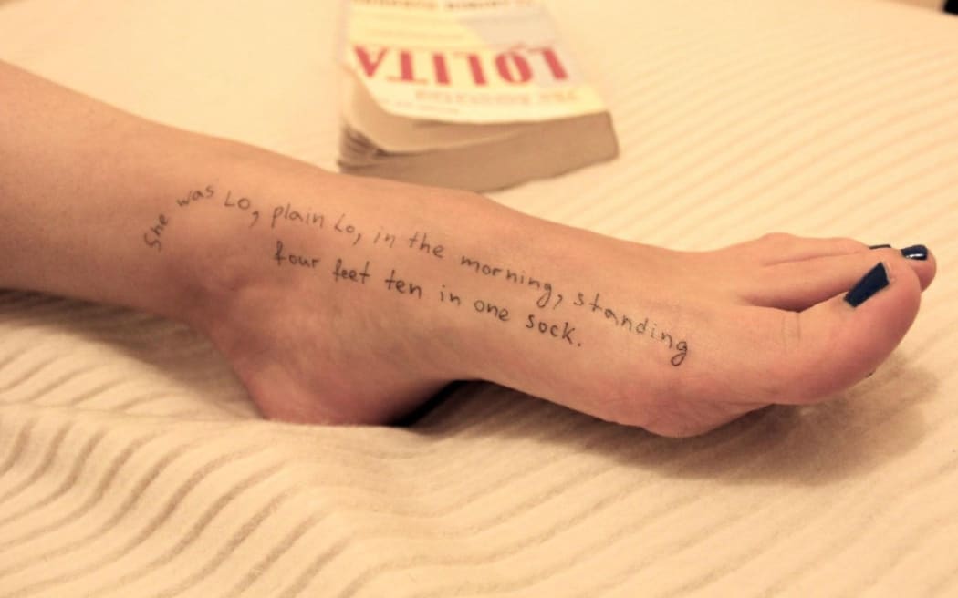 A foot with a quote from Vladimir Nabokov’s “Lolita” written on it is seen in this undated picture released by Democrats on the House Oversight Committee on Thursday, 18 December.