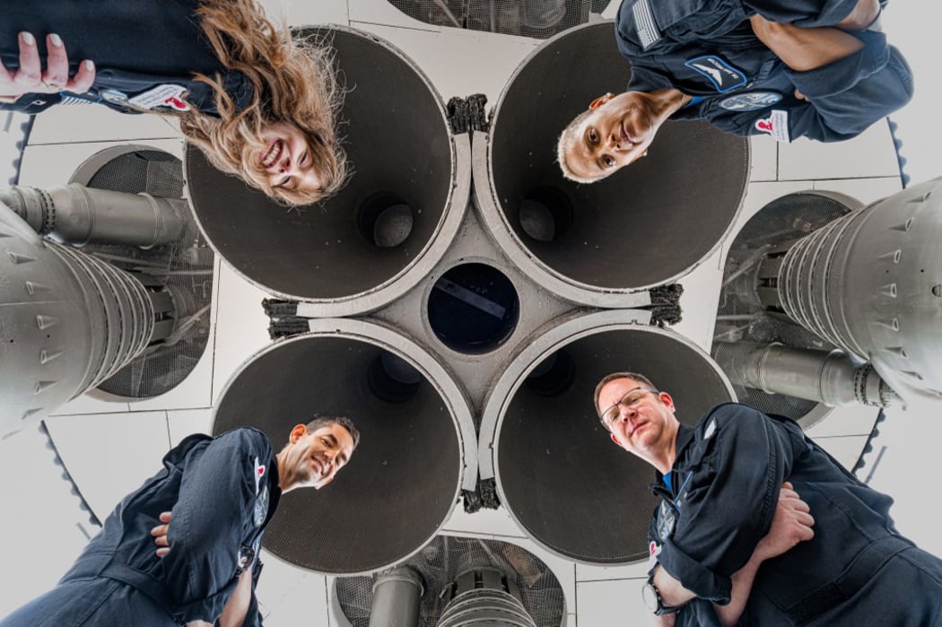 This July 1, 2021, image courtesy of Inspiration4 show the Inspiration4 crew (clockwise from top L) Hayley Arceneaux, Sian Proctor, Chris Sembroski and Jared Isaacman, posing for a photo in Huntsville, Alabama.