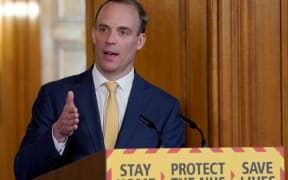 A handout image released by 10 Downing Street, shows Britain's Foreign Secretary Dominic Raab speaking during a remote press conference to update the nation on the COVID-19 pandemic, inside 10 Downing Street in central London on April 7, 2020.