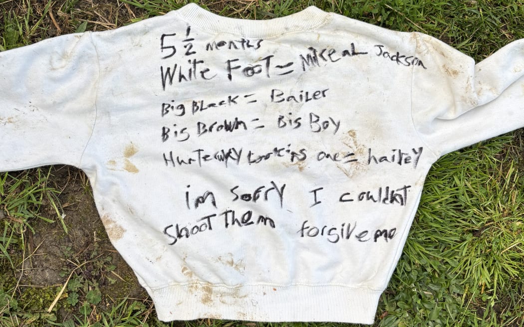 The puppies were left in a cage with a note written on a jumper tied to the outside.