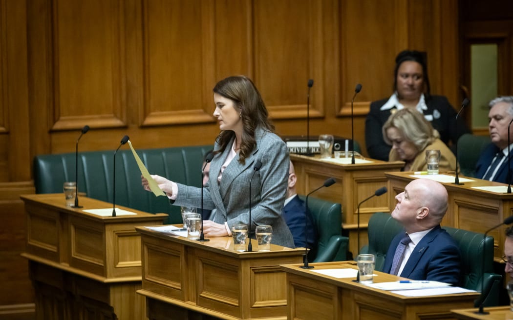 National Party Leader Christopher Luxon reads his deputy's question plan as she executes it during Question Time.