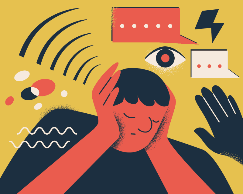 An illustration of a person with their hands covering their ears and sensory icons surrounding them such as speech bubbles, eye contact and a person's hand.