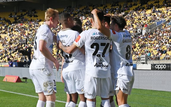 Auckland FC players celebrate a goal, A-League, Wellington Phoenix v Auckland FC, Sky Stadium, Wellington. Saturday 21 February, 2026