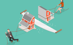 Divorce flat isometric vector concept. Man and a woman are dragging their half of the sawn house.