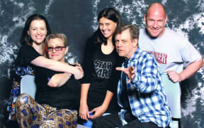Matt and Kristy Glasgow and their daughter Juliet, meeting Mark Hamill and Carrie Fisher in 2015.