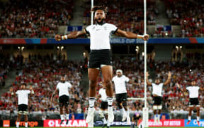 BORDEAUX, FRANCE - SEPTEMBER 10: Waisea Nayacalevu of Fiji leads the Cibi during the Rugby World Cup France 2023 match between Wales and Fiji at Nouveau Stade de Bordeaux on September 10, 2023 in Bordeaux, France. (Photo by World Rugby - Handout/World Rugby via Getty Images)