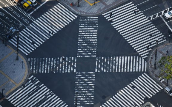 An aerial photo quiet Ginza District in Chuo Ward, Tokyo on April 11, 2020, amid an outbreak of the new coronavirus COVID-19.