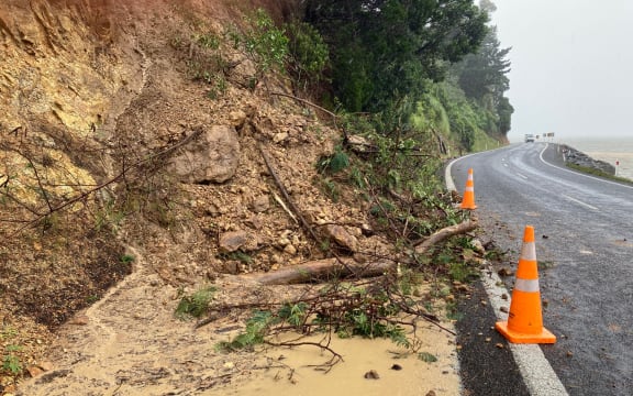 A slip along the Thames Coast Road between Thames and Te Puru in Coromandel, Mondayy 13 February 2023.