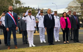 French minister for Overseas François-Noël Buffet (centre) arrives in New Caledonia for a four-day visit.