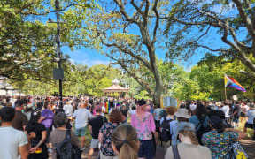 Protesters gather at a demonstration against Brian Tamaki and the Destiny Church.