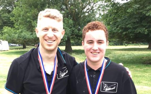 Nick Hornstein and Robbie Hollander after winning the World Egg-Throwing Championships.