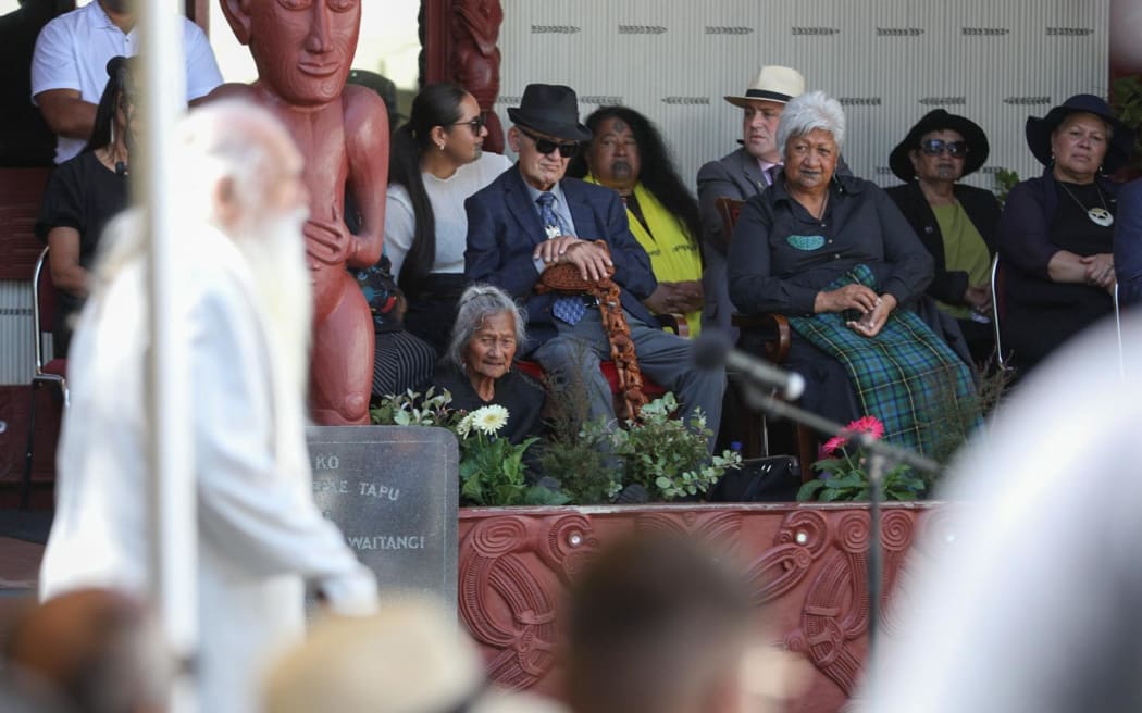 Ngāpuhi rangatira Hone Sadler speaks as a delegation including representatives from Kīngitanga, Rātana, Parihaka and Te Pāti Māori are welcomed on to Te Whare Rūnanga at the Treaty grounds, on 4 February, 2024.