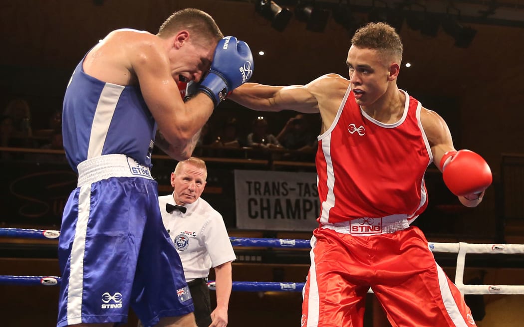 David Nyika (right) fights in the trans-Tasman boxing competition earlier this year.