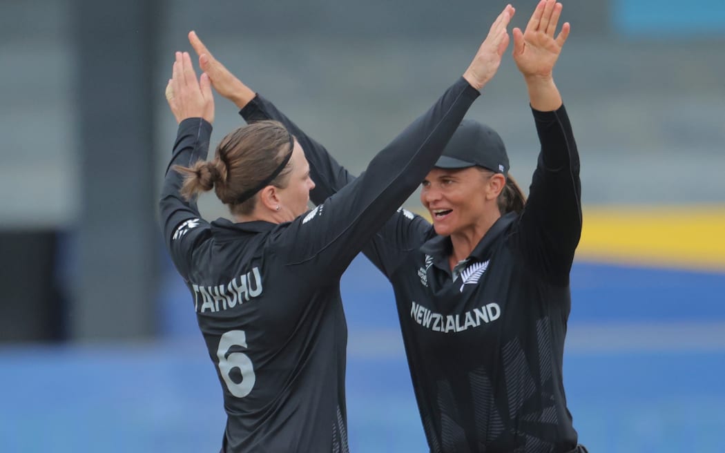 New Zealand's Lea Tahuhu celebrates the wicket during the New Zealand White Ferns Women v Pakistan Women, Women’s World Cup ODI match.
