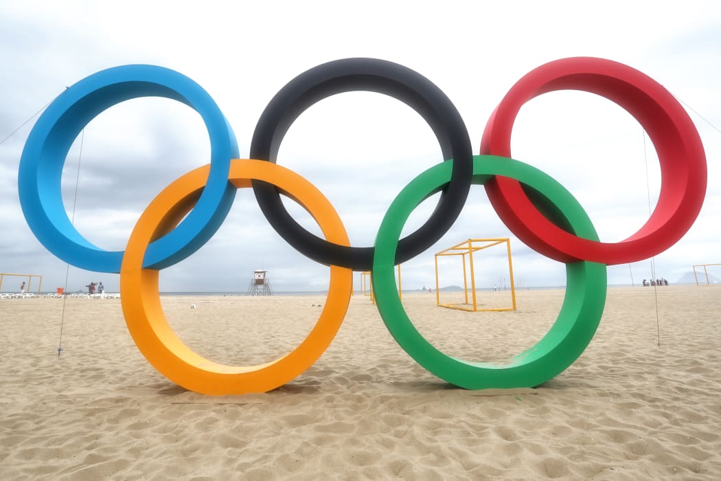 The Olympic rings on Copacabana beach, in Rio de Janeiro.