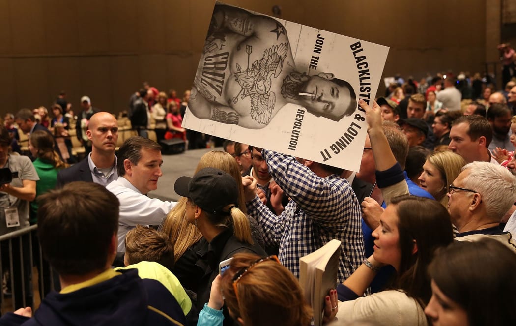 Republican presidential candidate Ted Cruz greets people during a campaign rally in Indiana on April 28, 2016.