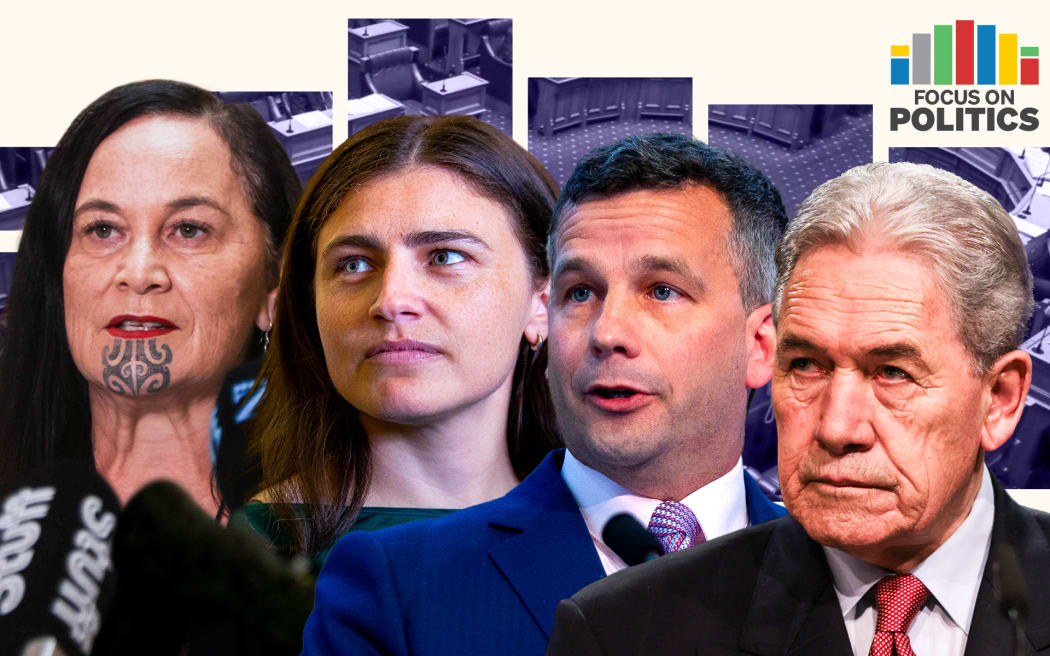 Focus on Politics: Composite of Marama Davidson, Chlöe Swarbrick, David Seymour and Winston Peters, with debate chamber in background.